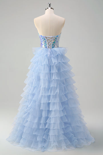 Blue A-Line Sweetheart Keyhole Corset Tiered Mirrors Ruffle Long Prom Dress